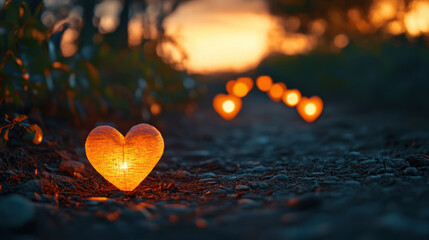 Fototapeta premium Heart shaped glowing lanterns on path at sunset create romantic ambiance