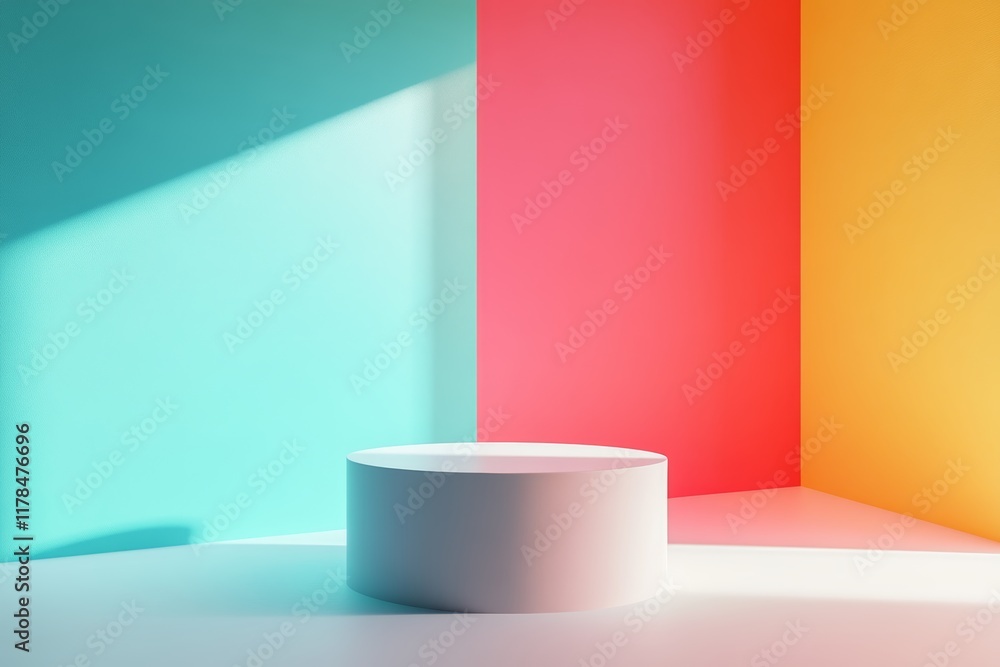 Poster colorful minimalist space with podium for presentation and data visualization in bright lighting