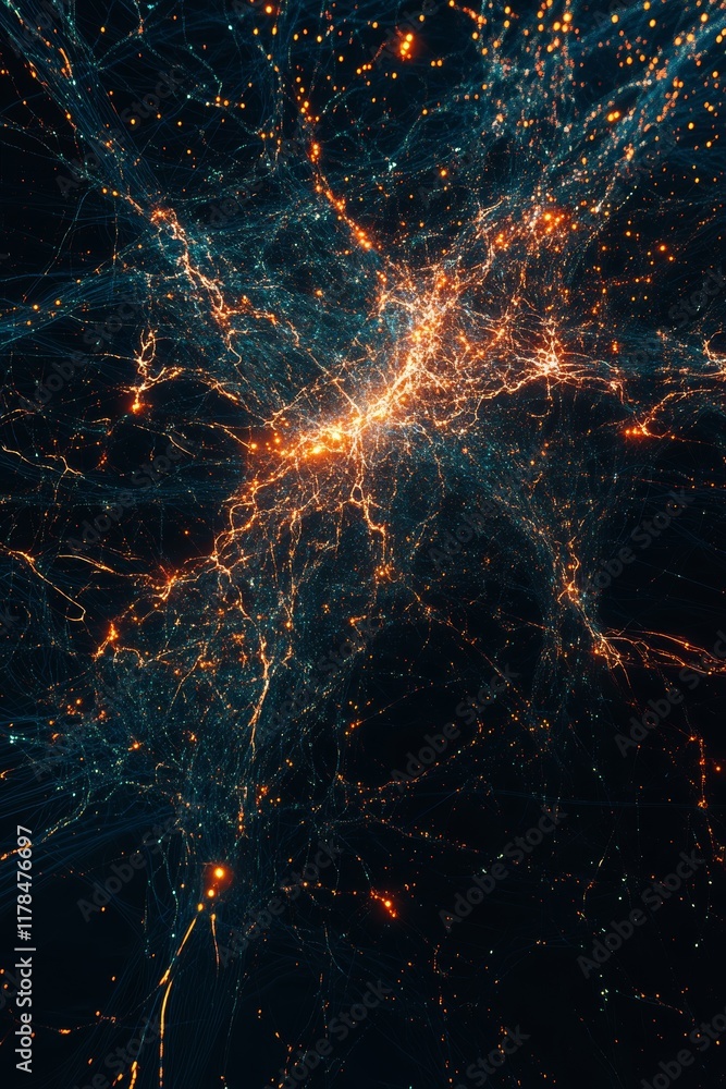 Poster abstract network of data streams with bright connections in dark space for technology and digital co