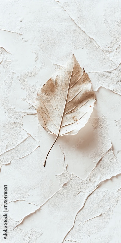 Poster this image features a close-up view of a dry leaf resting on a textured white surface, showcasing na