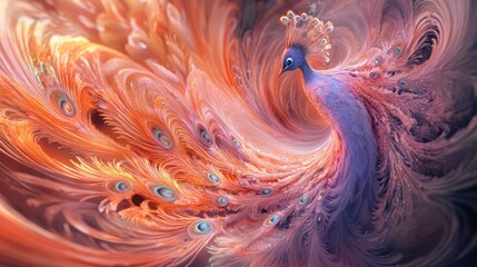 Beautiful fractal fantasy peacock with orange and blue colors