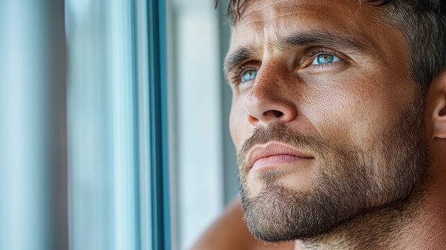 man with thoughtful gaze looks out window, reflecting deeply
