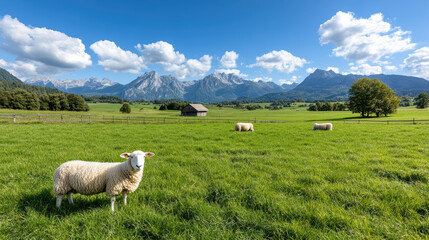 Fototapeta premium serene Swiss farm with sheep grazing in lush green fields and mountains