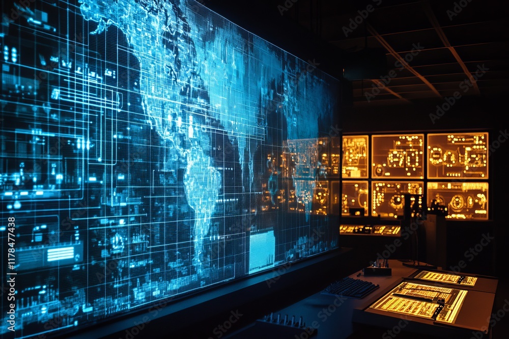 Aufkleber a high-tech control room featuring a digital world map and illuminated interfaces, showcasing advanc