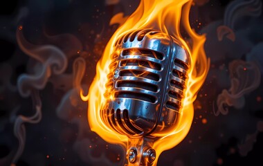 A dramatic scene featuring a vintage-style microphone engulfed in vivid flames. The striking contrast between the old-school microphone and the dynamic fire makes for a powerful and energetic image