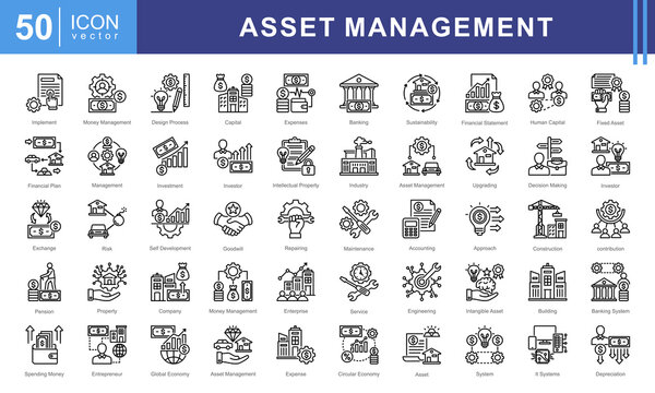 Asset Management icon collection set. Containing systematic, approach, human capital, physical objects, buildings, equipment, intangible icon.