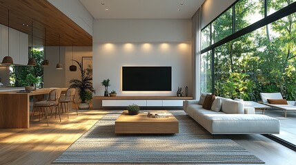 A large TV displayed in a modern living room, generated by AI, showcasing a stylish and tech-savvy home entertainment setup.