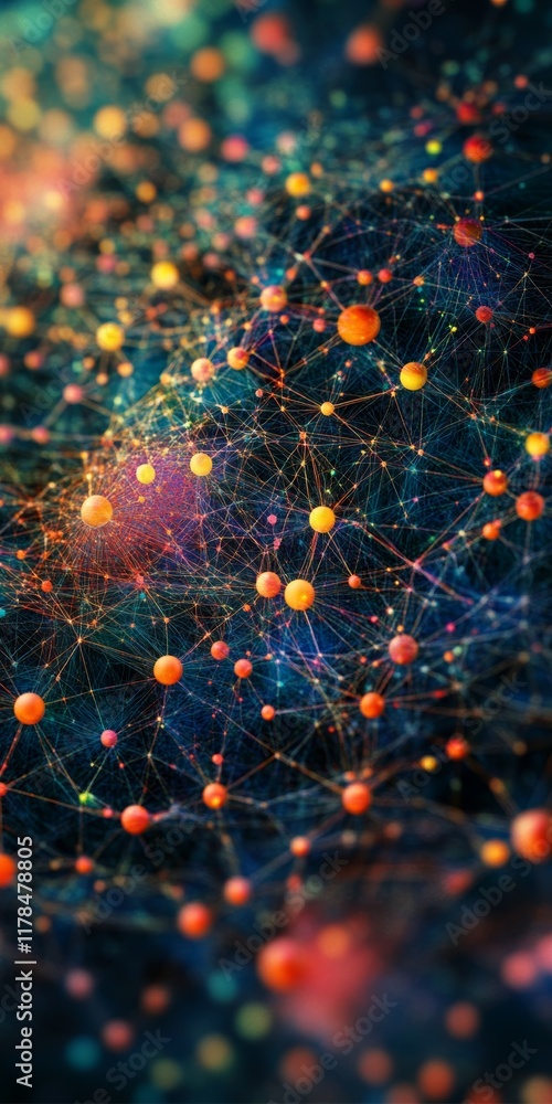 Poster this vibrant abstract image features a network of colorful nodes interconnected by lines, symbolizin
