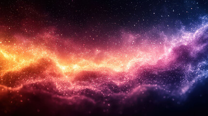 Vibrant cosmic scene with deep purple and orange hues, filled with stars