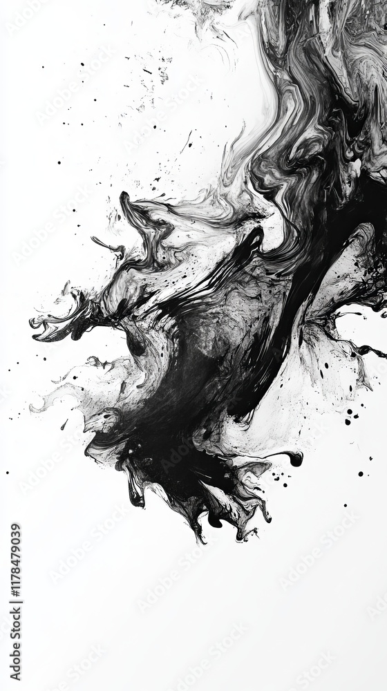 Poster a captivating abstract black and white ink swirl forming a dynamic fluid pattern on a white backgrou