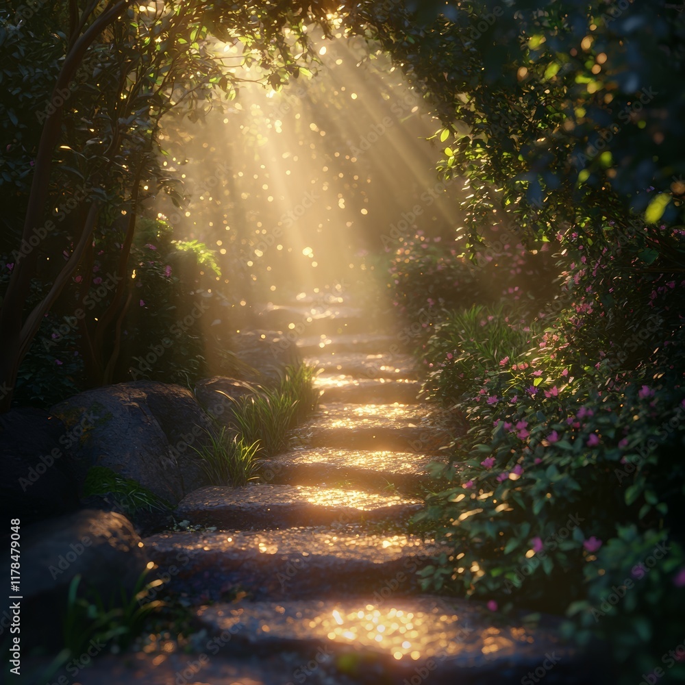 Poster discover a serene pathway illuminated by beautiful light, surrounded by lush greenery and softly glo