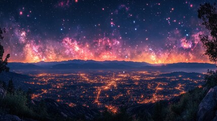 Fototapeta premium A stunning night view of a city illuminated under a starry sky with vibrant colors.