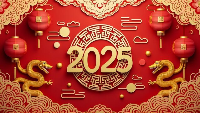 Chinese New Year 2025, Year of the Snake, red and gold color scheme, ornate traditional patterns, paper lanterns, auspicious clouds, floral motifs, circular emblem, golden snakes - Powered by Adobe