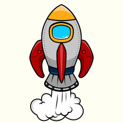 Cartoon rocket ship taking off in the sky with fire and clouds for a successful business or startup launch logo rocket in space, icon rocket in space, sticker rocket in space, symbol rocket in space, 