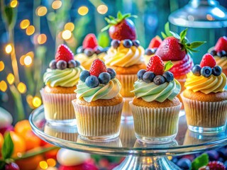 Delicious Cupcakes on Tiered Stand, Double Exposure Fruit Toppings