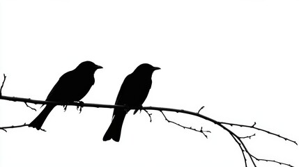 Fototapeta premium Minimalist black and white silhouette of two birds on a branch, highlighting simplicity and elegance in nature.