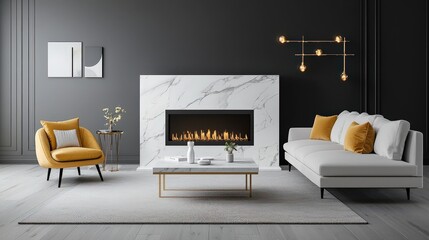 A luxurious living room with a white marble fireplace, a plush sectional sofa, and gold-accented decor