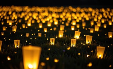 A breathtaking scene of numerous glowing sky lanterns ascending into a starry night sky over a scenic landscape.