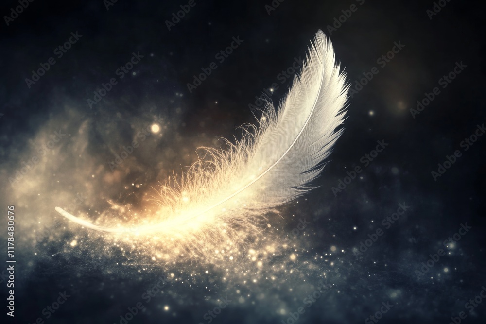 Poster feather is floating in the air with a lot of sparkles around it. the image has a dreamy and ethereal