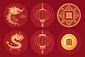 chinese new year decoration with dragon scales and phoenix feathers in vibrant red and gold, displayed on a black background