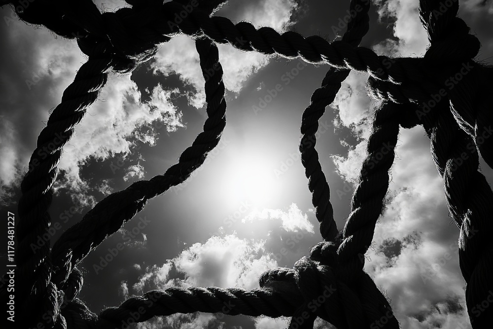 Poster a striking black and white image capturing sunlight filtering through intertwined ropes with a backd