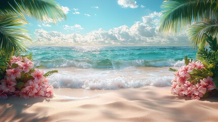 serene tropical beach scene with soft sand, crystal clear water, and vibrant flowers