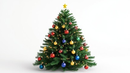 A festive 3D-rendered Christmas tree decorated with colorful ornaments, isolated on a PNG background.
