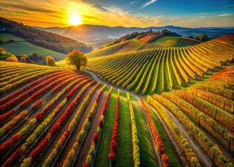 Fototapeta premium Sun-drenched autumn vineyard, rolling hillsides blanketed in ripe green grapes, captured from above.