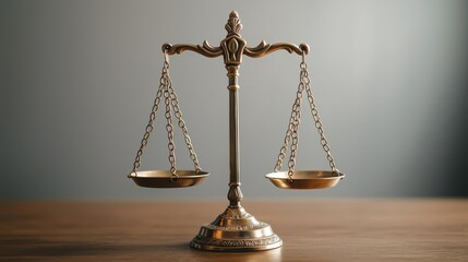 A vintage brass scale symbolizes justice and balance, sitting on a wooden surface against a soft, neutral background.