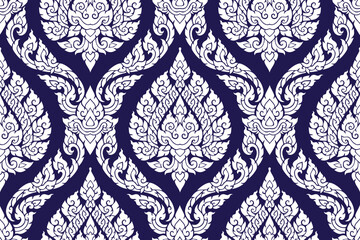Traditional Thai art seamless white colored floral pattern in damask style motifs suitable for wallpaper, curtain, clothing, blanket, tile and fabric design isolated over blue background. 