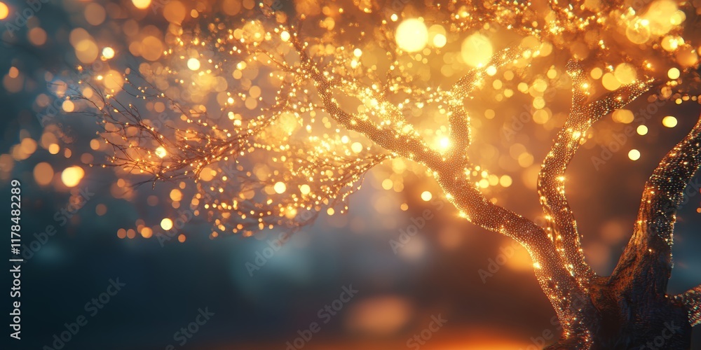 Poster stunning glowing tree with shimmering branches made of light creates an enchanting atmosphere in a m