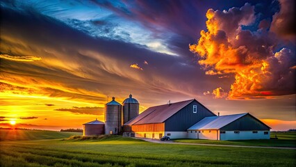 Sunset silhouettes farm buildings, showcasing organic agribusiness. A serene, rural scene.