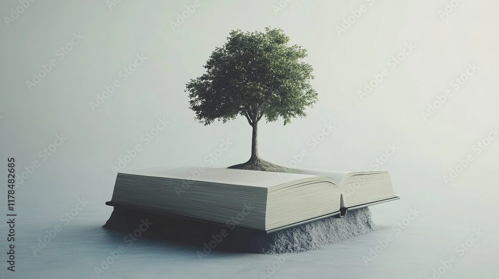 Poster a tree emerges from an open book, representing the concept of knowledge and growth in a surreal and 