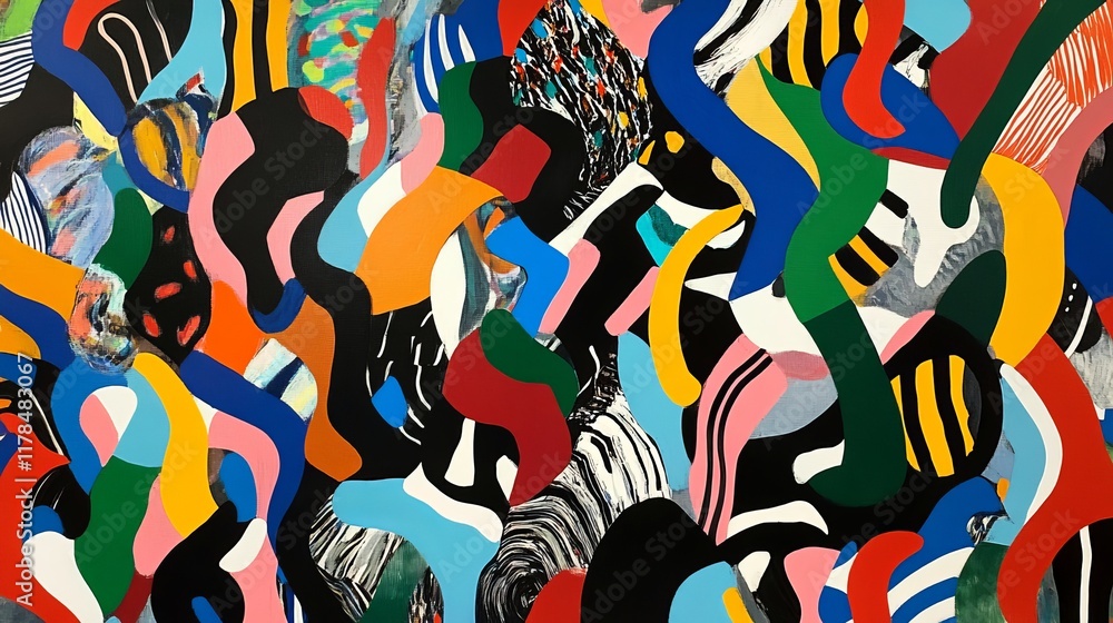 Poster a lively abstract artwork featuring a mix of colorful shapes and patterns, creating a dynamic and mo