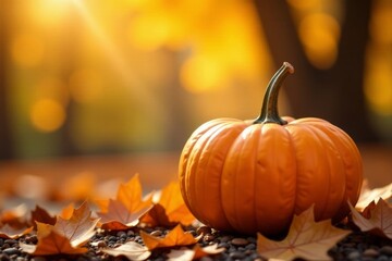 Warm pumpkin against golden autumnal background with leaves and twigs, seasonal decor, harvest theme