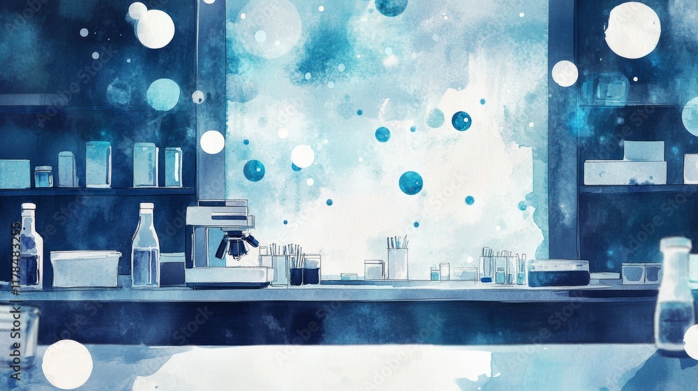 Poster a blue and white drawing of a lab with a counter and a coffee maker. there are several bottles and c