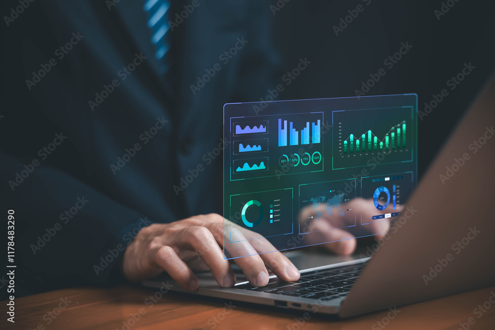 Poster analyst manages the system database reports analyzes data plans and shows a dashboard chart on the computer. concept of research on platform digital technology, analytics business