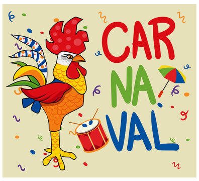 Colorful illustration of the iconic "Galo da Madrugada," symbol of Recife's Carnival, with vibrant decorations, confetti, a drum, and an umbrella. Celebrating Brazilian culture and traditions.