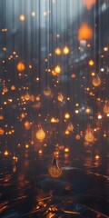 Glowing Data Points in a Realistic Scene Suspended in Midair with Reflective Surfaces and Beautiful Lighting