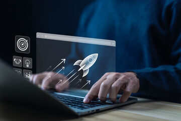 launch rocket start flying up of entrepreneurship, startup concept. strategy startup growth, network line connection global. idea of leadership plan development, business projects digital technology