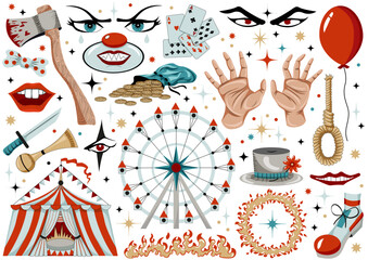 Hand drawn design set of colorful circus symbols and items with clowns, carnival tents, magician hands, carousel, balloon for stickers, cliparts isolated on white. Vector cartoon illustration