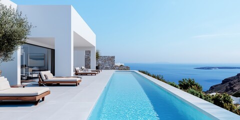 Fototapeta premium A luxurious outdoor patio overlooking the ocean, with cozy loungers and a refreshing infinity pool