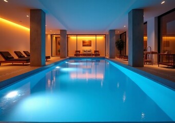 Luxury indoor swimming pool with modern lighting and lounge area at night