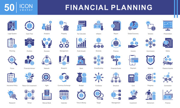 Financial Planning icon collection set. Containing retirement, accounting, implementation, structure, insurance, tax receipt, planner, payment icon.