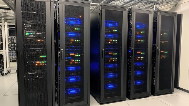 Data Center with Network Servers and LED Lights