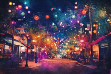 A captivating night scene featuring a vibrant street adorned with colorful lanterns and glowing lights. The tranquil atmosphere invites exploration and relaxation.
