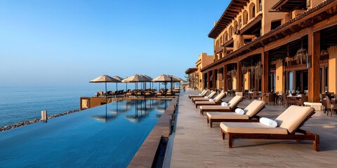 A luxurious outdoor patio overlooking the ocean, with cozy loungers and a refreshing infinity pool
