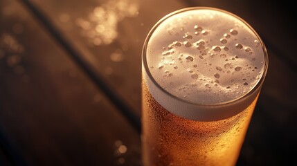 Close-up pint of light beer with creamy foam, wooden table texture visible, warm lighting on a dark moody backdrop.
