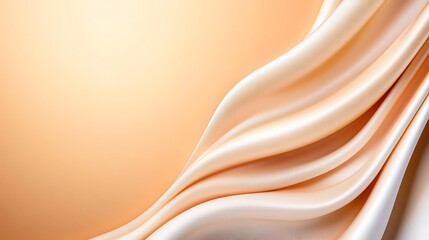 Elegant creamy beige silk fabric flowing smoothly, creating soft waves and folds against a pale gold background.