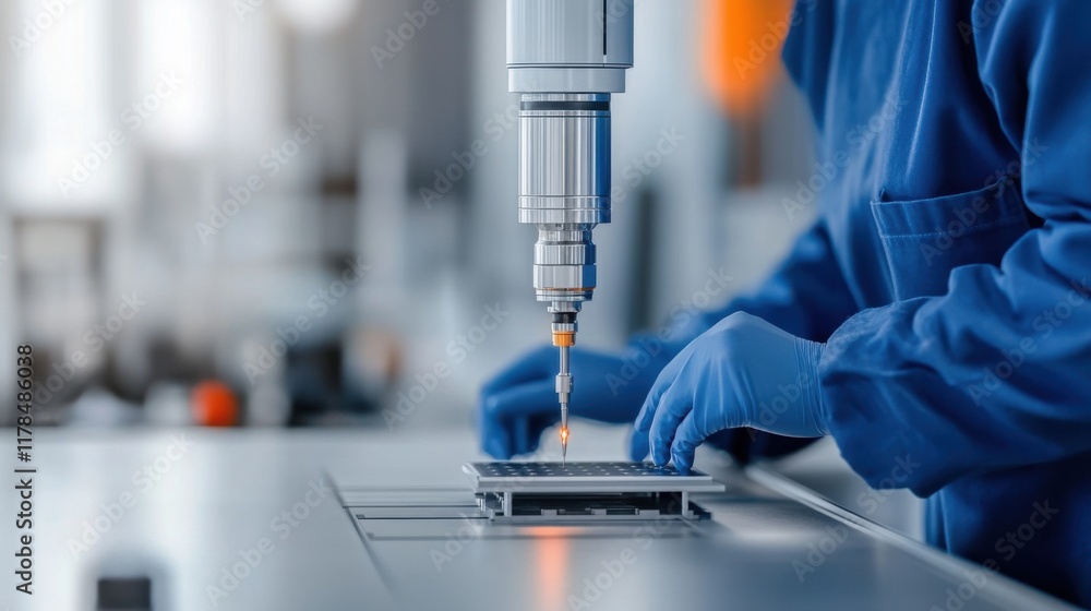 Poster precision robotic arm engaged in high-tech industrial process in modern laboratory setting